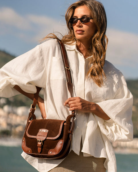 Eden Suede Handbag in Chocolate Spliced