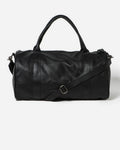 Black Leather Duffle Bag with a detachable Shoulder Strap and handles