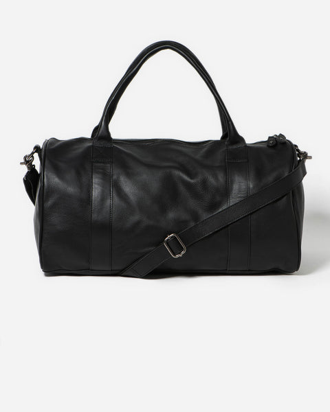 Black Leather Duffle Bag with a detachable Shoulder Strap and handles