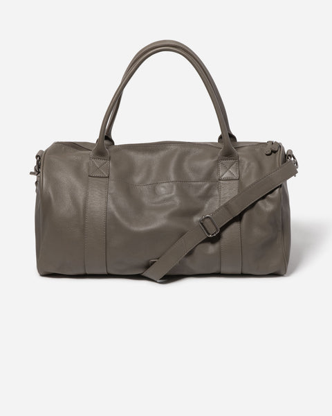 Dark grey Leather Weekender Duffle Bag with a detachable Shoulder Strap and handles