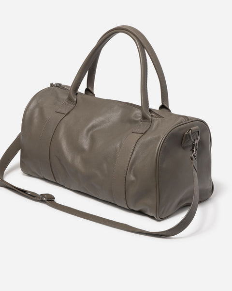 Dark grey Leather Weekender Duffle Bag with a detachable Shoulder Strap and handles