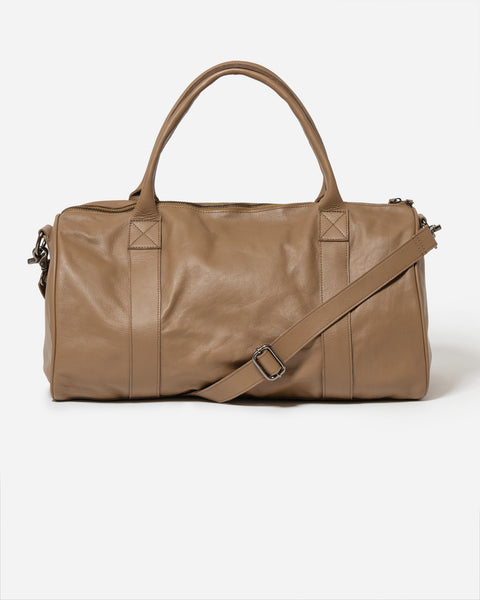 Light brown Leather Weekender Duffle Bag with a detachable Shoulder Strap and handles