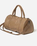 Light brown Leather Weekender Duffle Bag with a detachable Shoulder Strap and handles