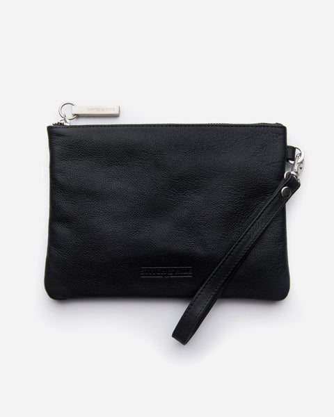 Black leather clutch with a wrist strap.
