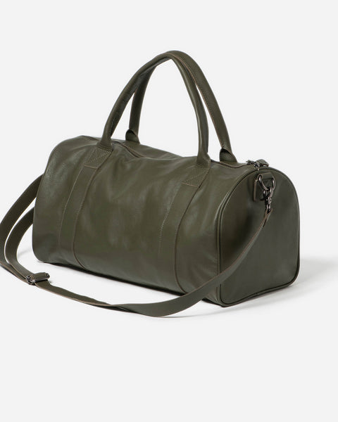 Dark Green Leather Duffle Bag with a detachable Shoulder Strap and handles