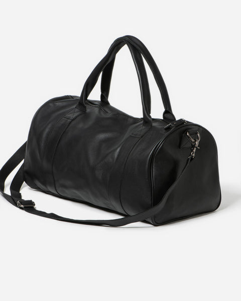 Black Leather Weekender Duffle Bag with a detachable Shoulder Strap and handles