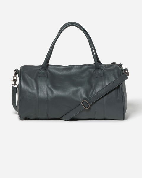 Navy Leather Duffle Bag with a detachable Shoulder Strap and handles