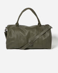 Dark Green Leather Duffle Bag with a detachable Shoulder Strap and handles
